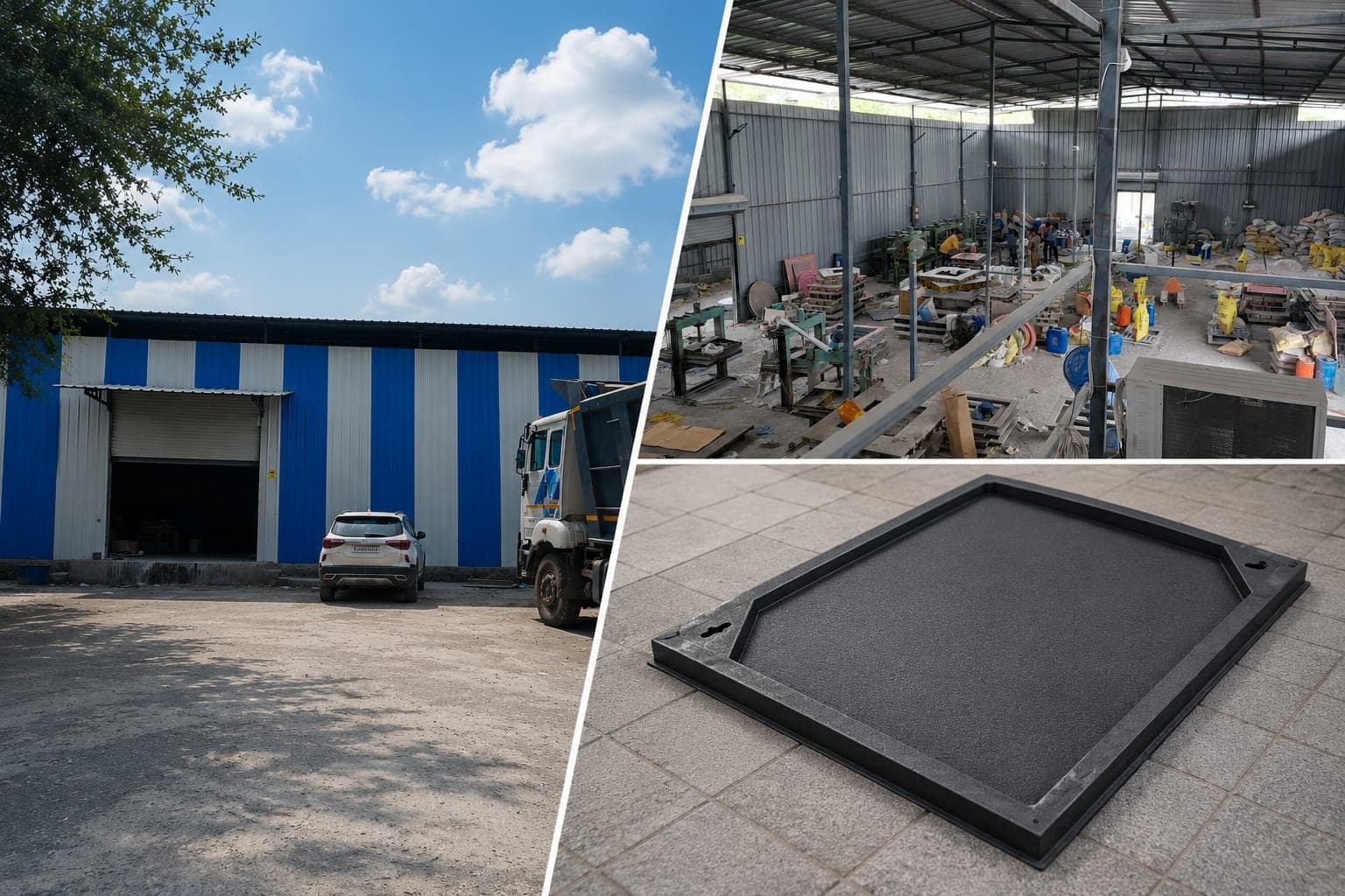 Fibrox Infra factory exterior, composite manufacturing floor and finished FRP cover