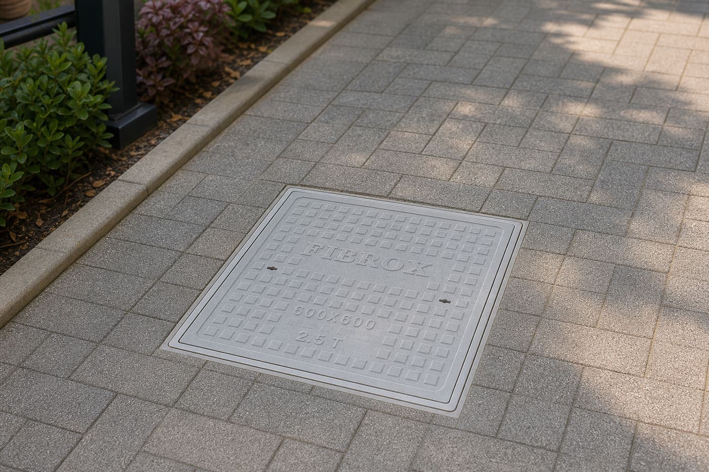 Fibrox FRP product — Manhole cover installed in campus walkway paving