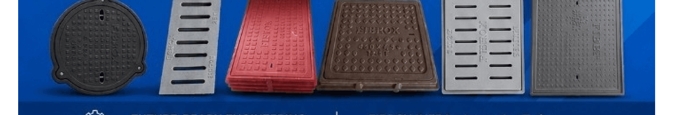 Range of Fibrox FRP covers and gratings shown in black, grey, red and brown finishes